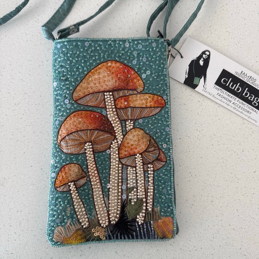 Bamboo Trading Co Beaded Club Bag Wristlet Crossbody Strap Teal Mushroom Boho 8"